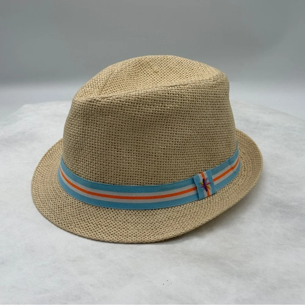 TRULY Tan and Blue Fedora Hat with Striped Band Unisex Size 4T.